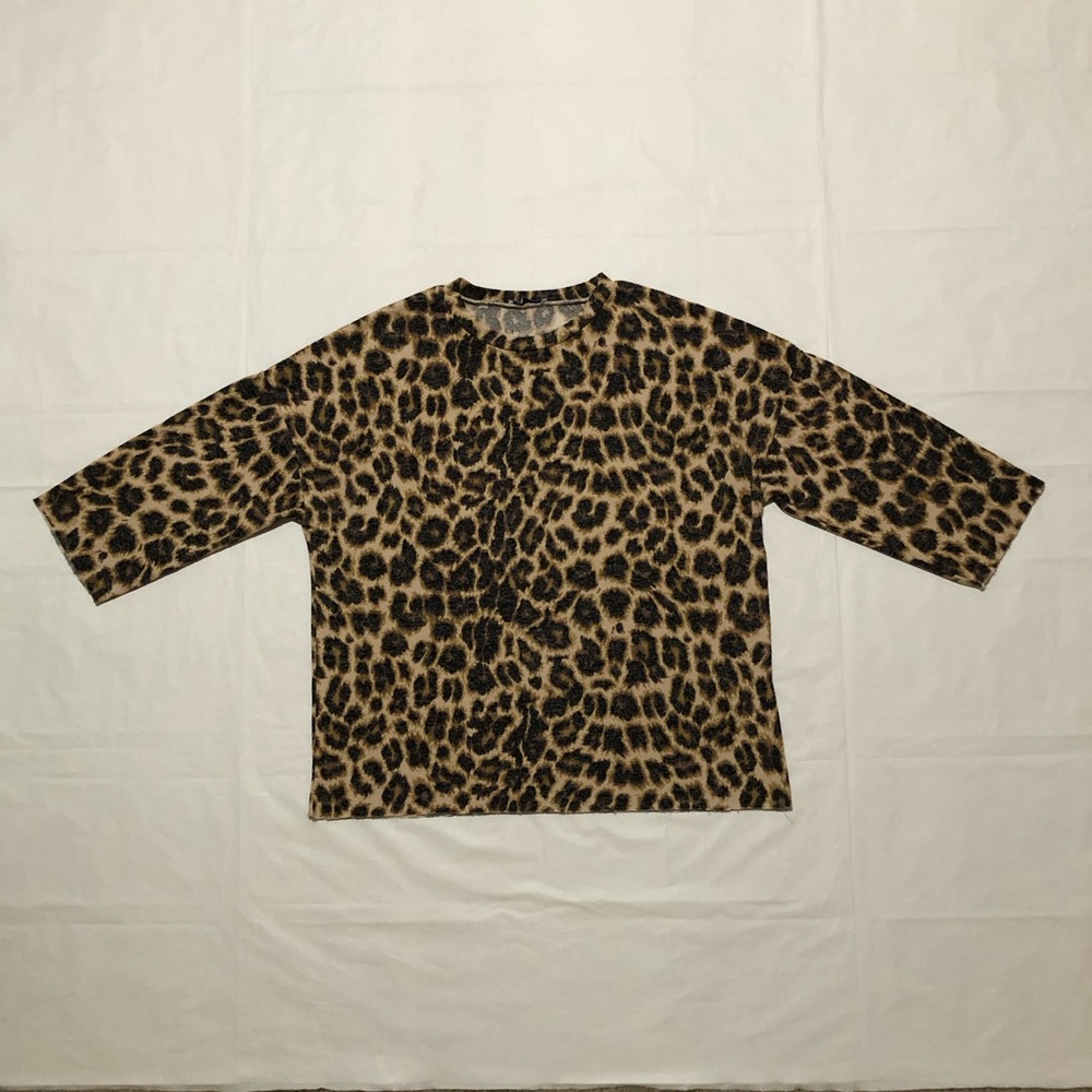 Zara Trafaluc (TRF) Womens 3/4 Sleeve Faded Leopard Print Brown Black Top L